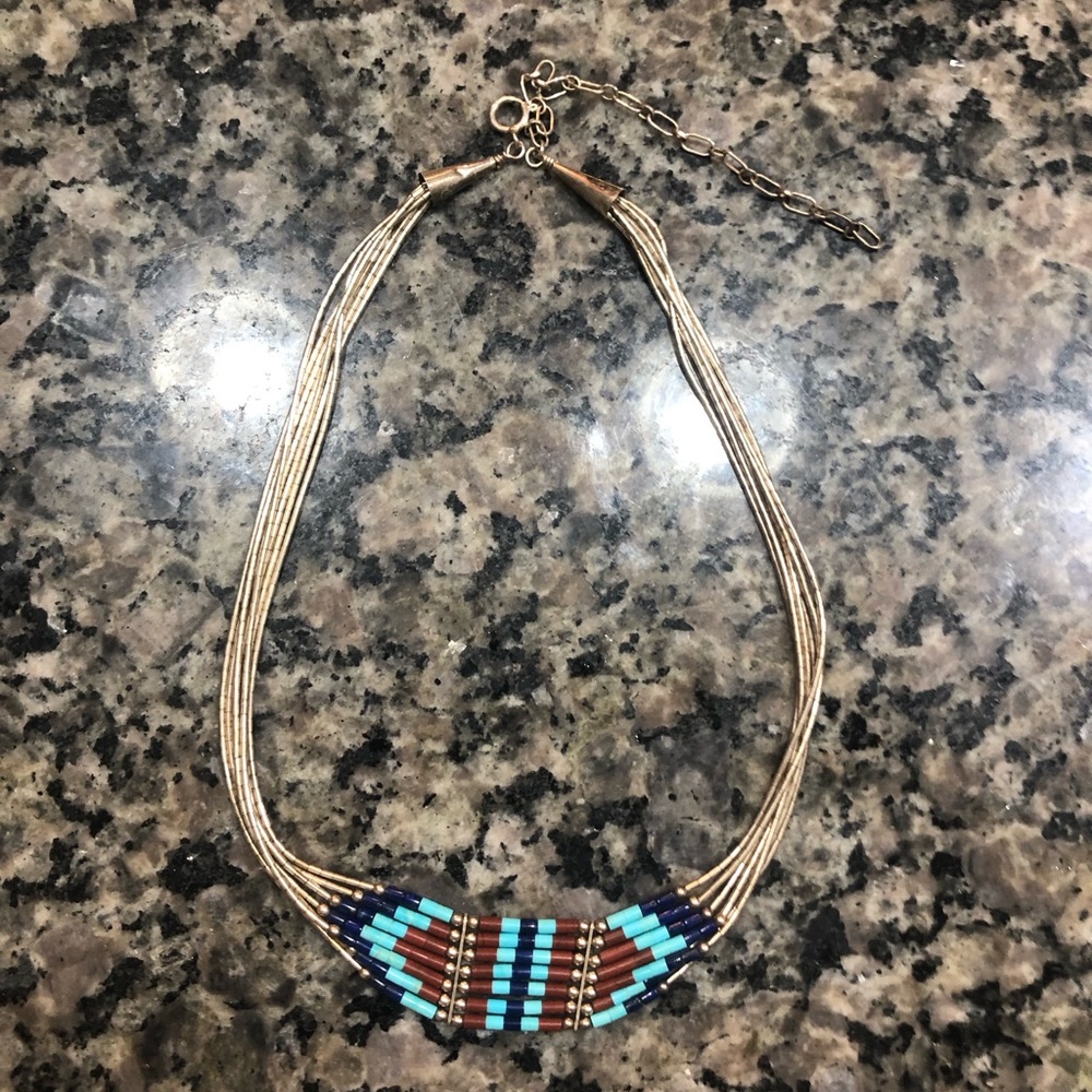 Vintage Native Liquid Silver Sterling, Turquoise, Coral, & Lapis Necklace